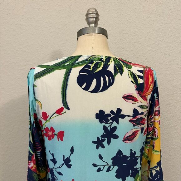 JOHN MARK Washable Silk Tunic Top Multicolor Floral Slit Sleeve Artsy - Picture 7 of 12